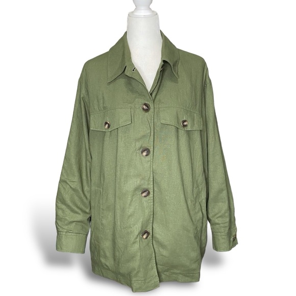 Women's Zara Linen Blend Olive Green Lightweight Button Shacket Jacket Lined - Picture 2 of 10